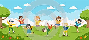 Children`s activities. Happy children are jumping on the park.