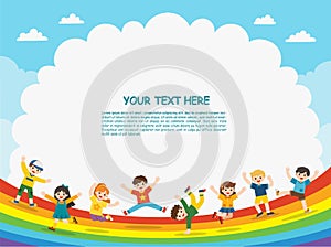 Children`s activities. Happy children are jumping on rainbow background.