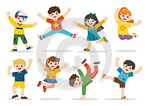 Children`s activities. Happy kids jumping together on the background. Boys and girls are playing together happily. photo