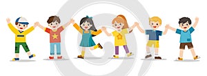 Children`s activities. Happy kids jumping together on the background. Boys and girls are playing together happily. Vector