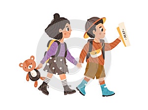 Children's adventure concept. Cute kids walking, hiking, exploring and discovering world together. Curious boy and girl