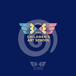 Children`s Art School Logo. Two pencils like wings with letters.