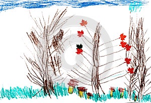Children`s autumn trees, drawing pencil