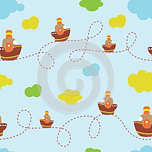 Children`s background with the image of a ship, clouds. For use in design, textiles, design.