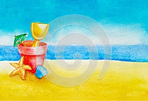 Children`s beach toys bucket, spade, umbrella, shell and starfish in the sand against sky, ocean or sea in background as concept