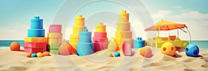 Children\'s beach toys on sand on seaside over blue sky. Summer vacation background. Created with generative Ai