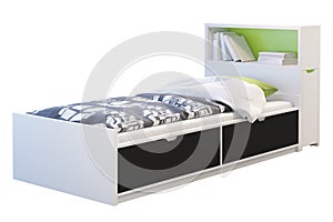 Children`s bed bed with headboard. 3d render