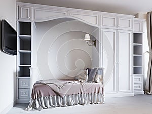 Children`s bedroom with a bed in a classic style, with large war