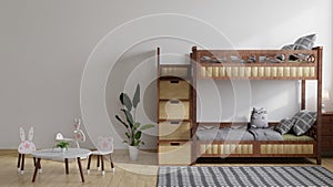 Children`s bedroom has a bunk wooden bed with dolls on the bed and a marble table on the side.3D Rendering