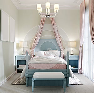 Children`s bedroom with a large bed, a large window, bedside tables with books, a canopy above the bed, the interior color is