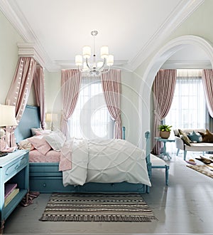 Children`s bedroom with a large bed, a large window, bedside tables with books, a canopy above the bed, the interior color is