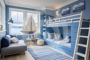 Children's bedroom with large sailboat layout. Soft blue walls and large bed