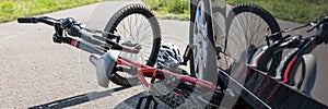Children`s bicycle accident with car on the street