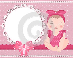 Children\'s birthday card with a cute baby girl and a lace template with a bow for text. Design for newborns.