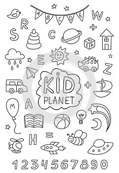 Children\'s black and white doodle set of different hand-drawn icons. Doodle baby elements. Kindergarten