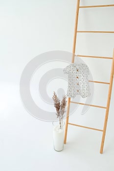Children's bodysuit on the ladder. Children's clothing. White background, interior, place for text.