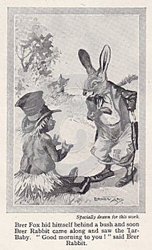 Vintage illustration of Brer Rabbit and The Tar Baby.