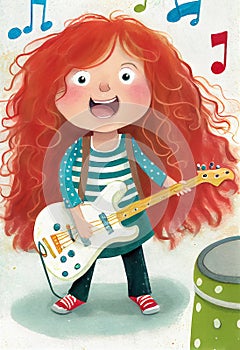 Children\'s book illustration of a little red haired girl playing the electric guitar and singing song, generative AI