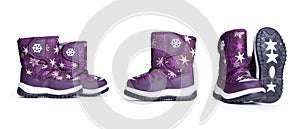 Children's boots in different angles on a white background