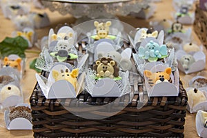 Children`s candy in the shape of baby animals. Party or birthday decoration for children.