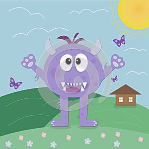 Children's Card with purple fanny monster, field and hause