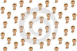 Children`s cartoon seamless pattern of cute little joyful tiger cubs in yoga asanas Vrikshasana tree pose on white background. The