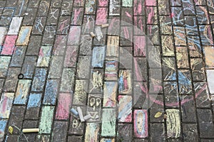 Children's chalk drawings on the pavement