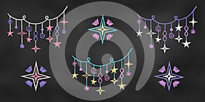 Children\'s Chalk Drawn Sketch. Set of Design Elements Colored Threads with Pendants and Shining Stars Isolated on Chalkboard