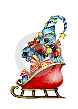 Children`s Christmas tree illustration with gifts in a sleigh on a white background.