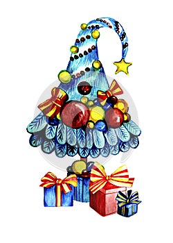 Children`s Christmas tree illustration with gifts on a white background.