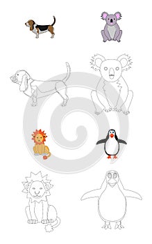 Children's coloring animal dog, lion, koala and penguin