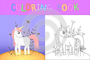 Children`s coloring book with cartoon animals. Educational tasks for preschool children cute unicorn