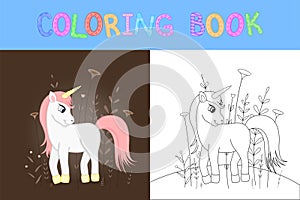 Children`s coloring book with cartoon animals. Educational tasks for preschool children cute unicorn