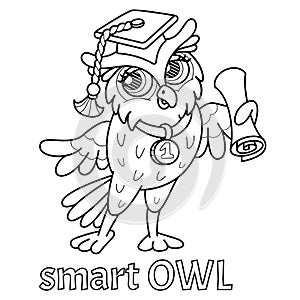 Children`s coloring book smart owl in bonet.