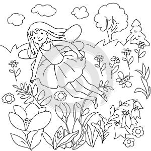 Children`s coloring, fairy flies over flowers in the meadow