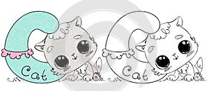 Children's coloring page alphabet - Letter C - Adorable Cat. ABC coloring book for kids with cute animals.