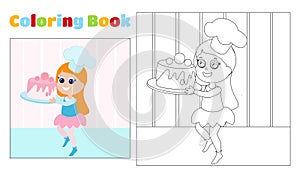 Children\'s coloring page of a girl in a chef\'s cap with a cake in her hands. Coloring page for children.