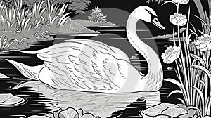 Children's coloring with a swan, black and white graphics with a curly pattern.