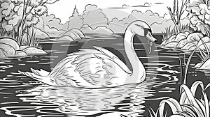 Children's coloring with a swan, black and white graphics with a curly pattern.