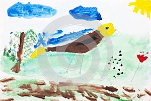 Bird in the meadow. Real drawing of a small child. Drawing by watercolor. photo