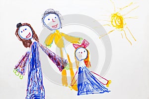 The family laugh merrily. Real drawing of a small child. Drawing by felt-tip pens. photo