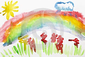 Rainbow sun and flowers. Real drawing of a small child. Drawing by watercolor. photo