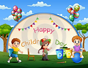 Children`s day background poster with happy kids playing