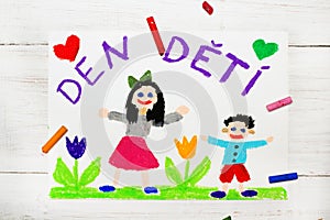 Children`s day card with Czech words: Children`s Day