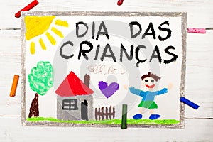 Children`s day card with Portuguese words Children`s day