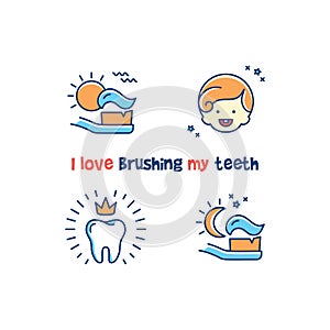 Children`s dental poster: I love brushing my teeth. Teeth cleaning line icons, Healthy baby teeth card. Vector