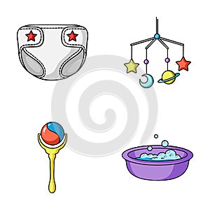 Children`s diapers, a toy over the crib, a rattle, a children`s bath. Baby born set collection icons in cartoon style