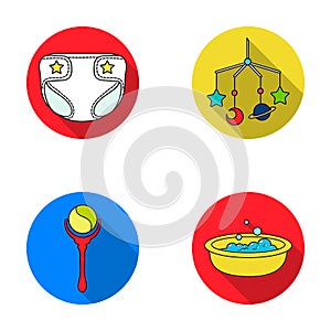 Children`s diapers, a toy over the crib, a rattle, a children`s bath. Baby born set collection icons in flat style