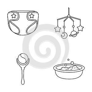 Children`s diapers, a toy over the crib, a rattle, a children`s bath. Baby born set collection icons in outline style