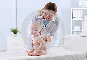 Children`s doctor examining baby with stethoscope